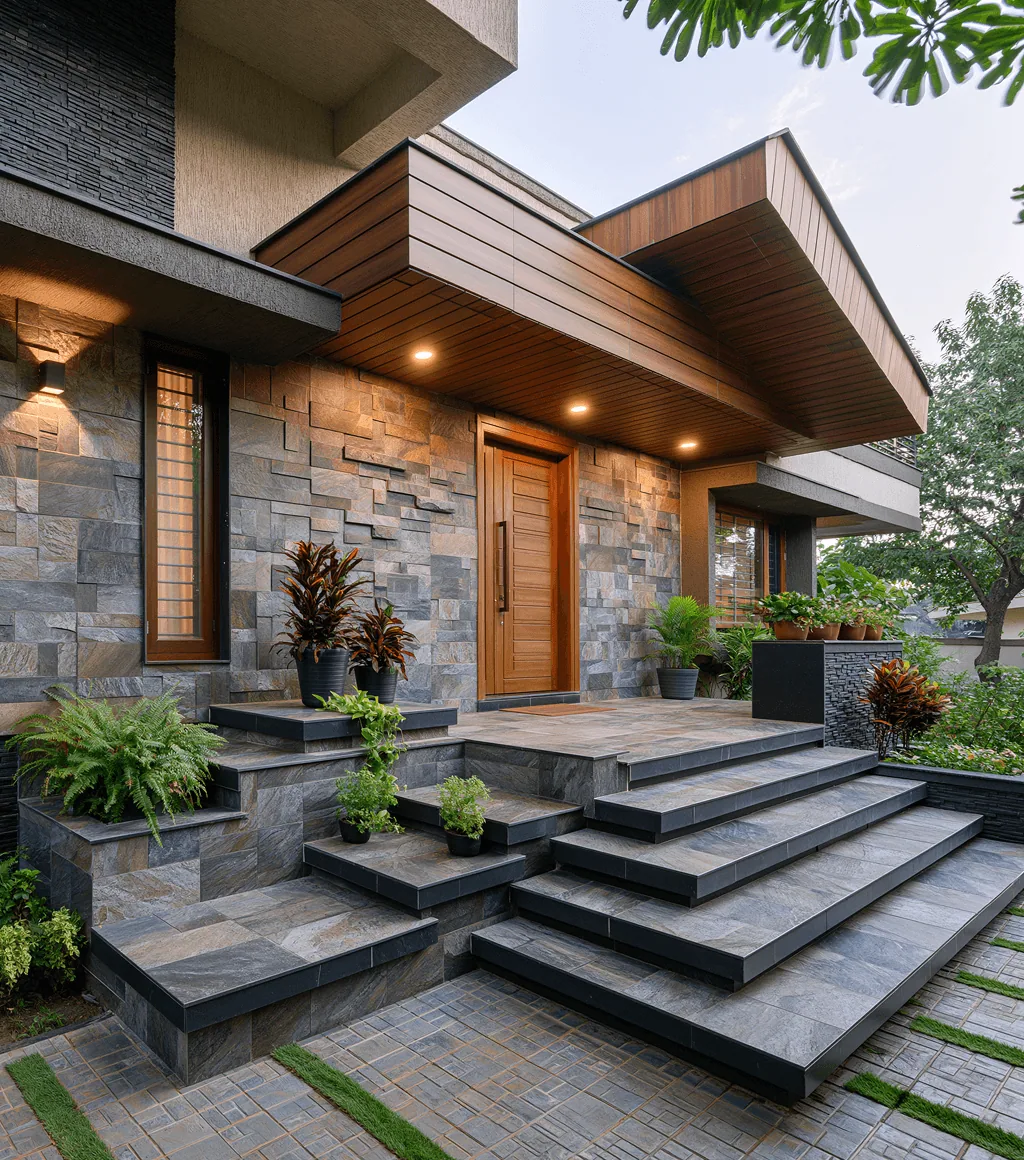 Entrance steps and porch clad in dark grey stone-look tile, with a matching stacked-stone wall