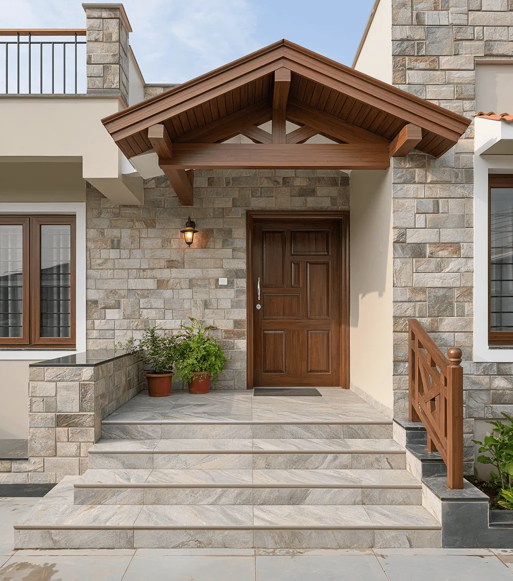 Entry porch and steps in beige-grey stone-look tile, beneath a timber gabled roof and stacked-stone wall