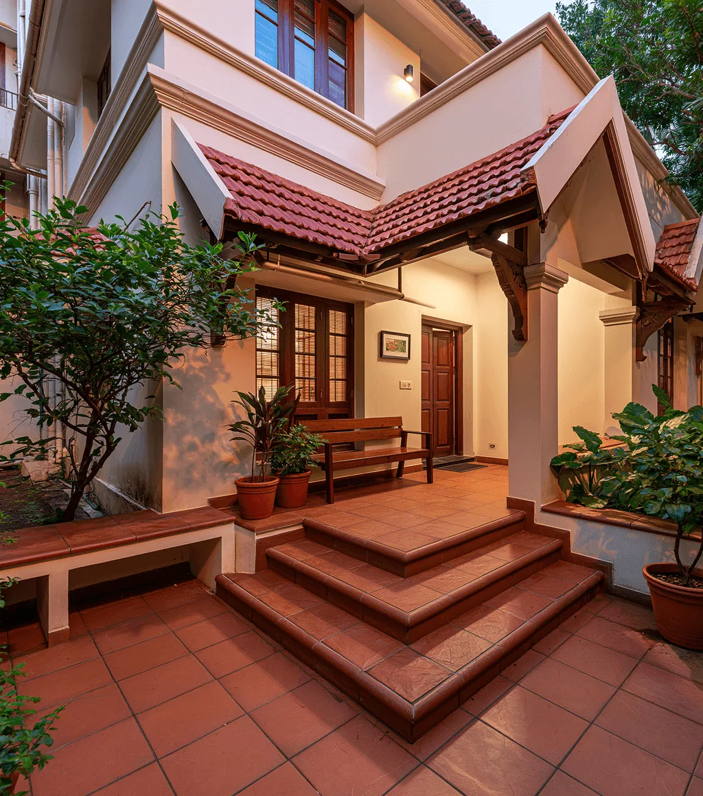 Veranda and steps in terracotta-red square floor tile, at a tiled-roof bungalow entrance