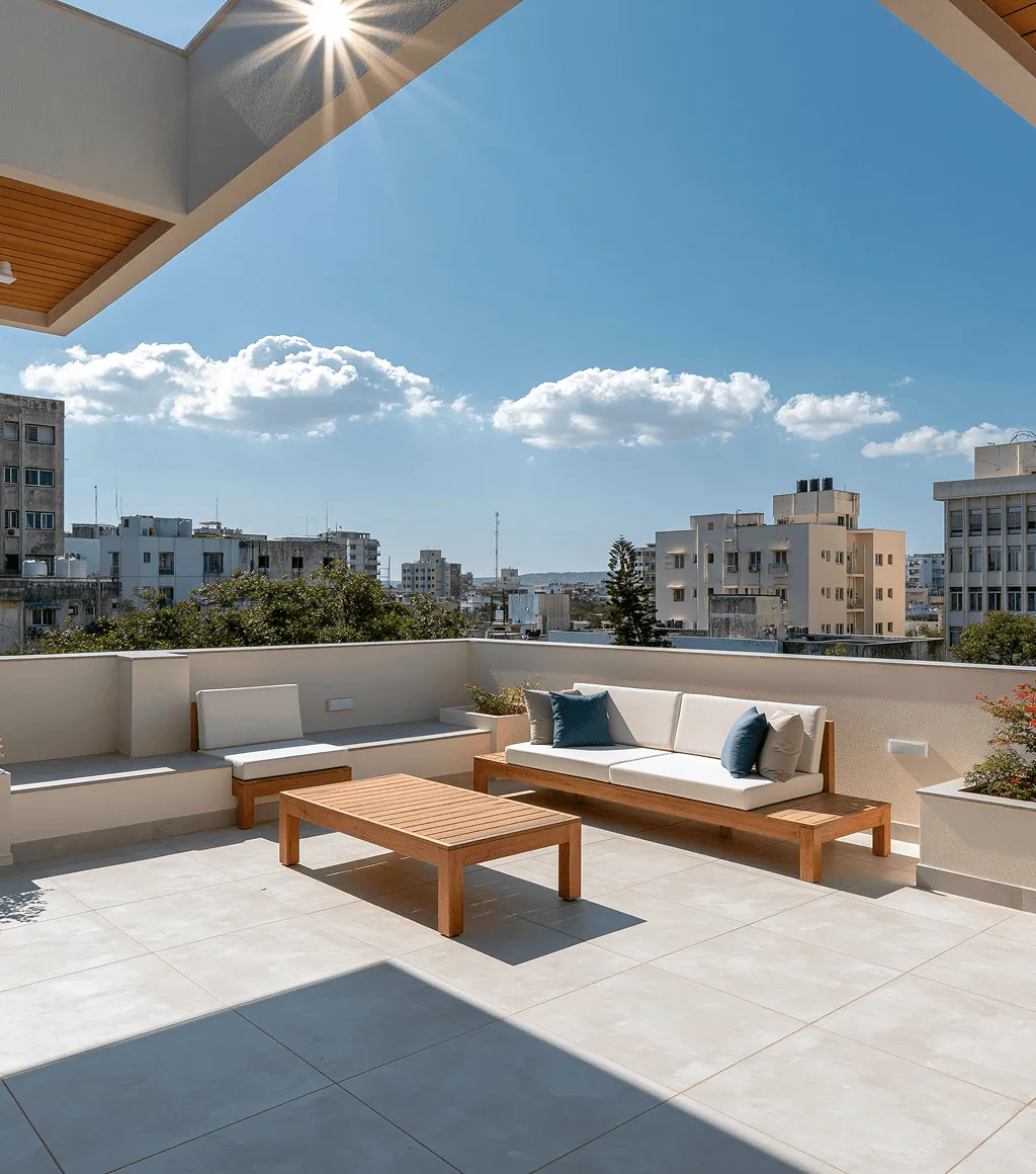 Rooftop terrace in light beige large-format tile, with built-in bench seating and a city skyline