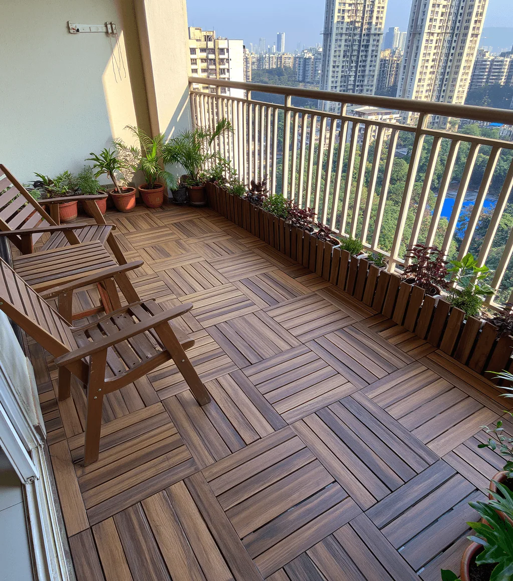 Balcony floor tiled in wood-look interlocking tiles arranged in a basket-weave pattern