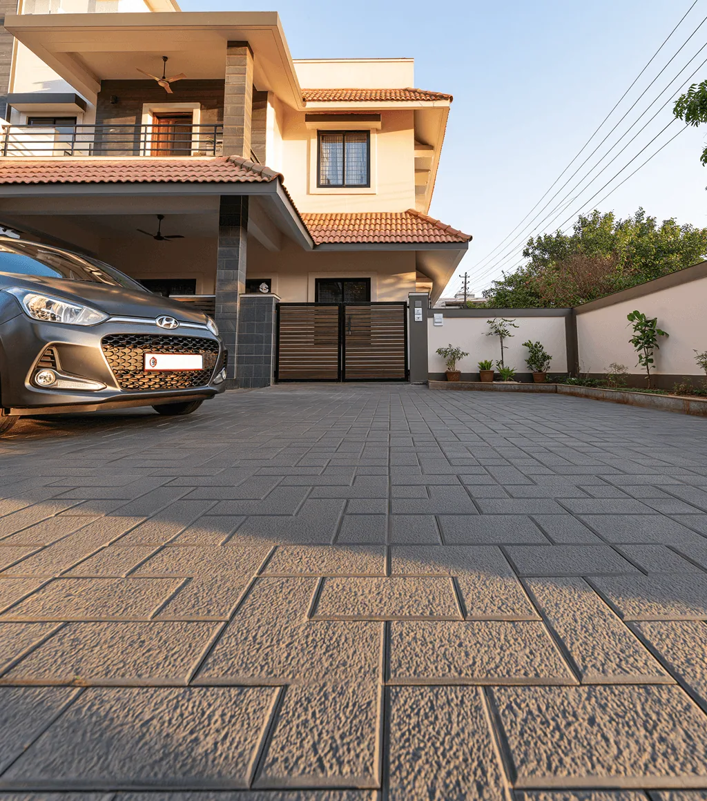Driveway in textured grey anti-skid paving tile, at a house entrance with a parked car