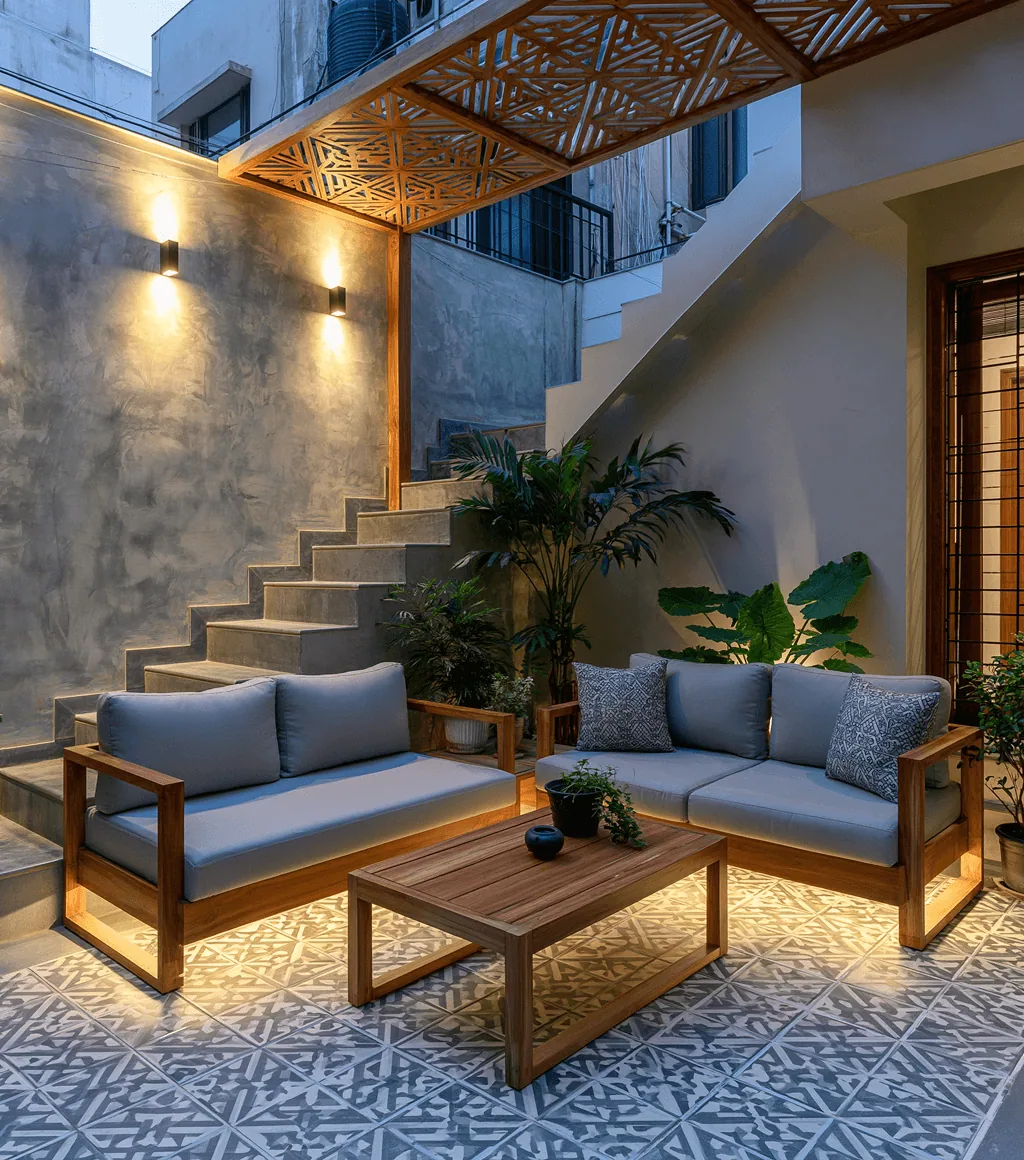 Courtyard seating nook with a patterned grey-and-white tile floor, beside a wooden staircase