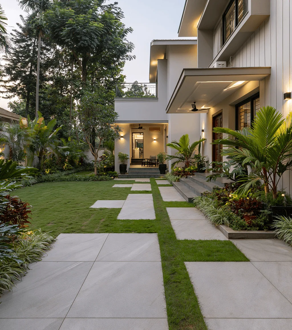 Garden path of large square stone-look pavers set into a lawn, leading to a modern home entrance