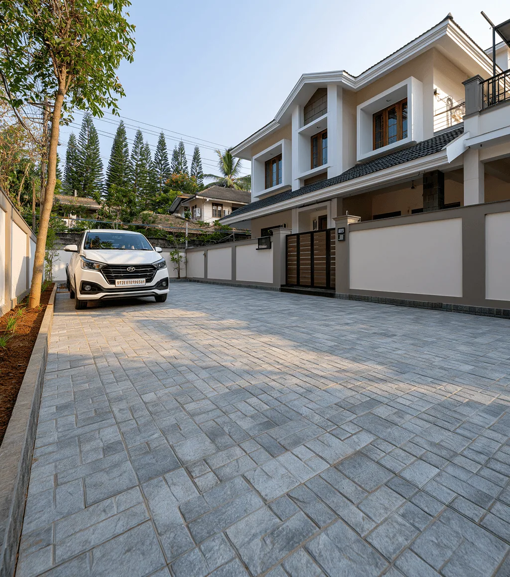 Driveway in a grey stone-block paving pattern, with a parked car beside a two-storey house