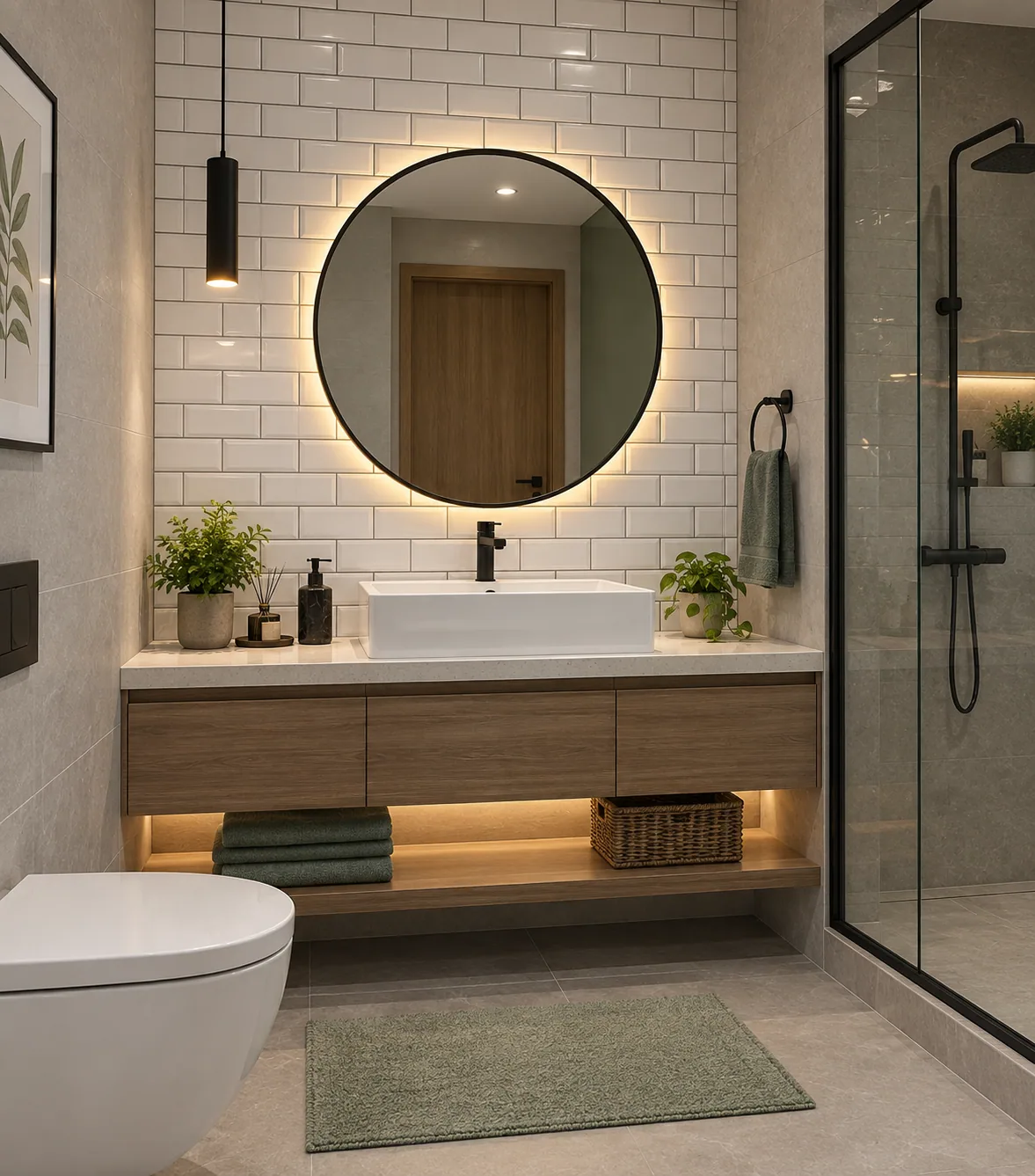 Bathroom with a white bevelled subway wall behind the vanity, a round backlit mirror over a basin and a glazed shower beside it